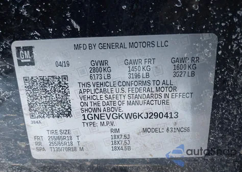 2019 Chevrolet Traverse 1Lt from USA, damaged, VIN 1GNEVGKW6KJ290413